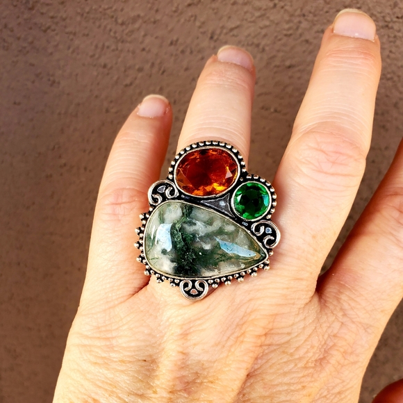 New Huge Moss Agate and Citrine 925 Silver Ring. - Picture 4 of 16